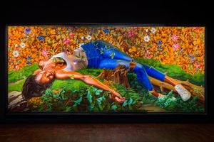 Kehinde Wiley, _Young Tarentine II (Ndeye Fatou Mbaye)_ (2022). Oil on canvas. 335 x 762 cm. Exhibition view: _An Archaeology of Silence_, de Young Museum, San Francisco (18 March–15 October 2023). ©️ 2022 Kehinde Wiley. Courtesy the artist and Templon. Photo: Ugo Carmeni.
